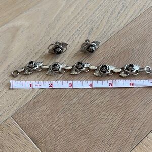 Silver Rose Bracelet and Earring Set w/ Rhinestones